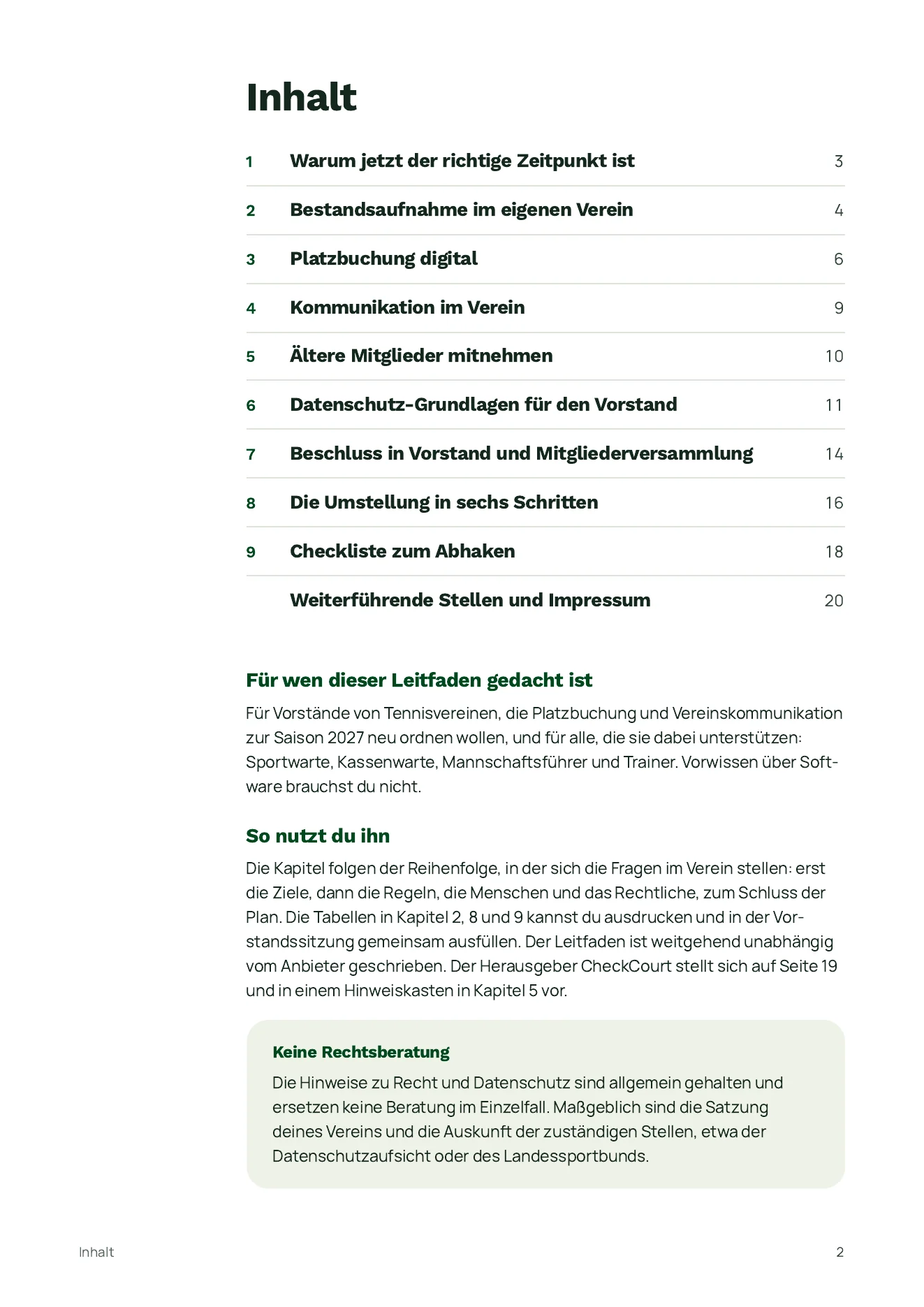 Inhaltsverzeichnis des Leitfadens mit neun Kapiteln.