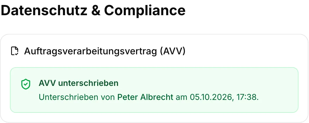 Bereich „Datenschutz & Compliance“: Auftragsverarbeitungsvertrag, digital unterschrieben vom Vorstand.