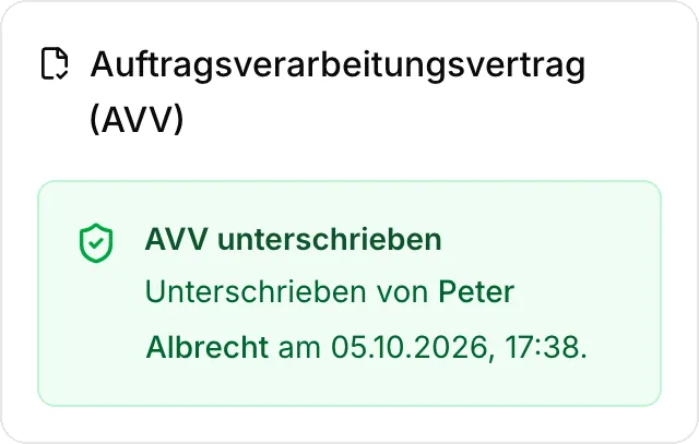 Bereich „Datenschutz & Compliance“: Auftragsverarbeitungsvertrag, digital unterschrieben vom Vorstand.