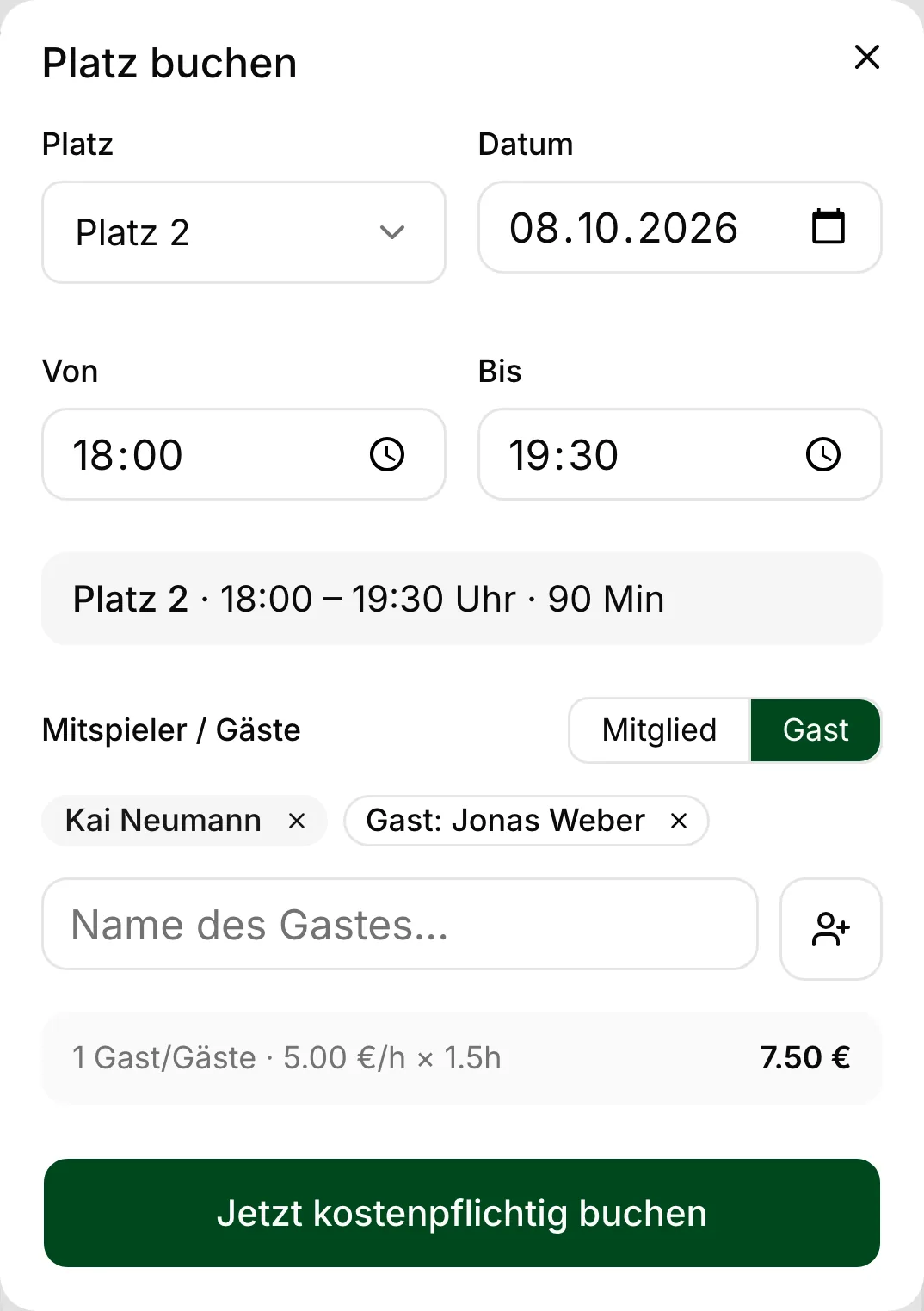 Buchungsdialog: Platz 2 am Donnerstag, 8. Oktober, mit Mitspieler Kai Neumann und Gast Jonas Weber.