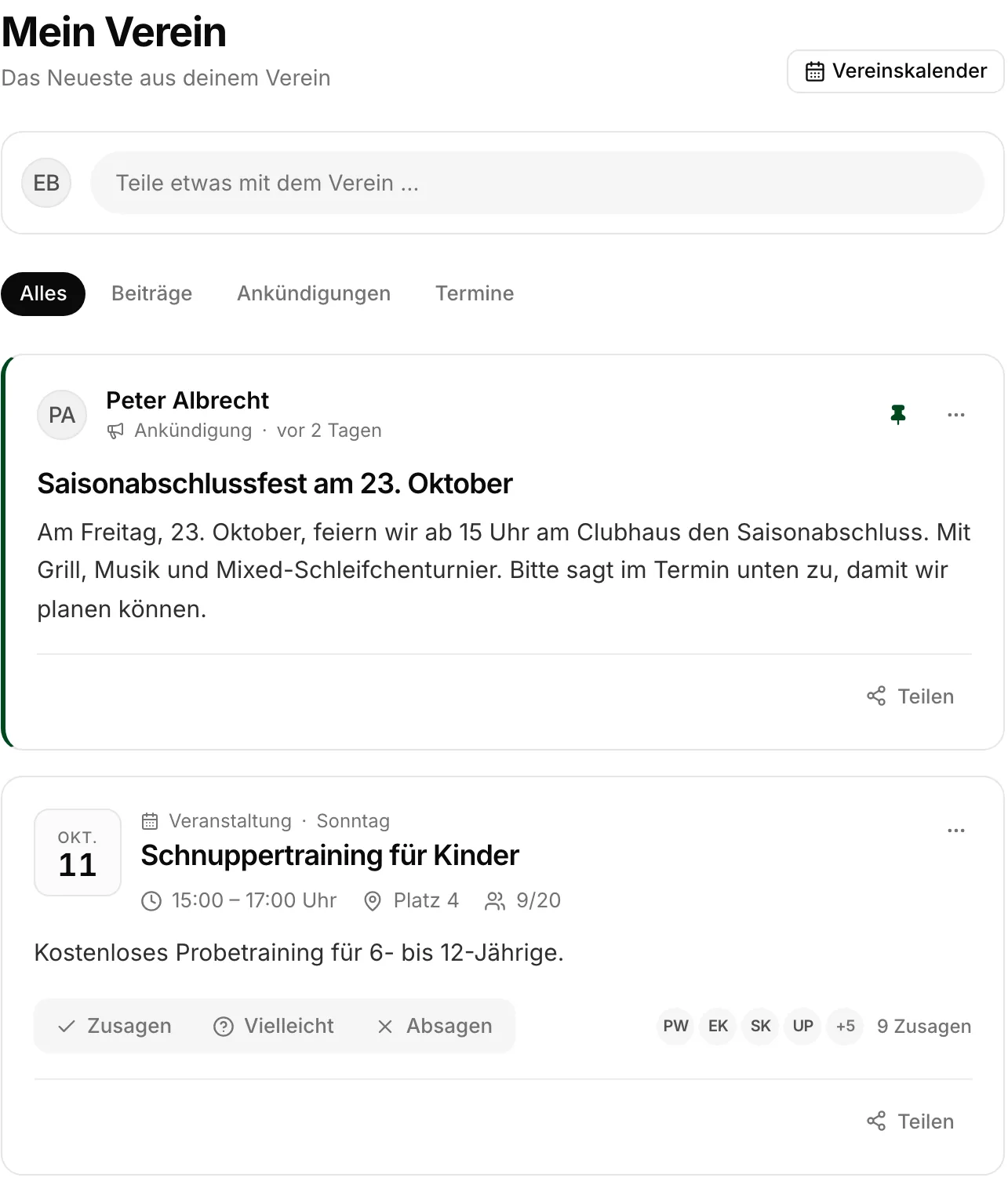 „Mein Verein“ am Desktop mit der angehefteten Ankündigung zum Saisonabschlussfest und dem Termin Schnuppertraining für Kinder.