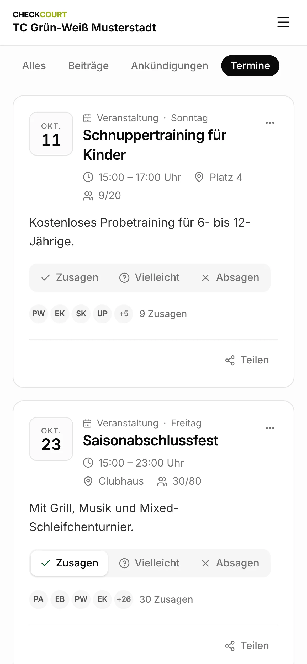 Termine am Handy: Schnuppertraining für Kinder und Saisonabschlussfest am 23. Oktober, jeweils mit Zusagen, Vielleicht und Absagen.