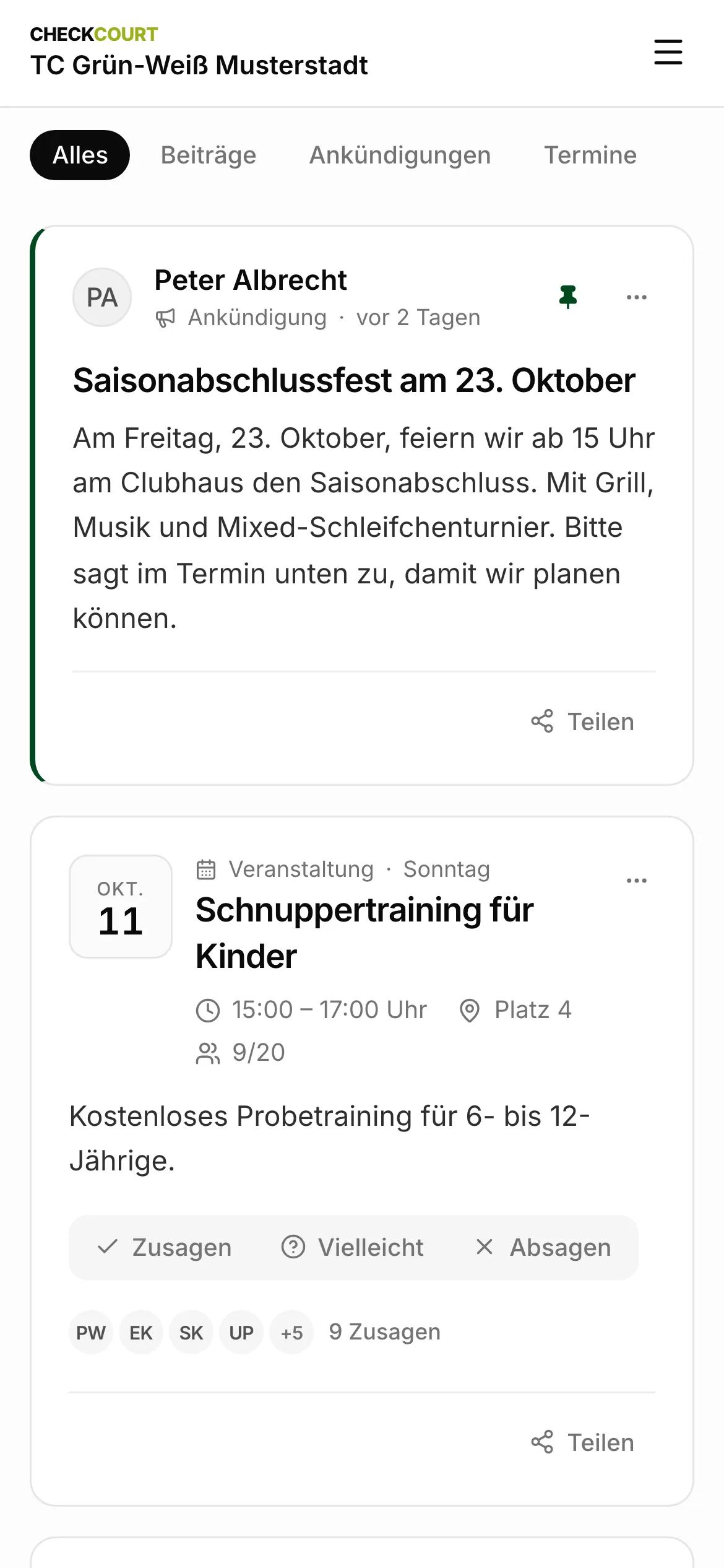 „Mein Verein“ am Handy mit der angehefteten Ankündigung zum Saisonabschlussfest und dem Termin Schnuppertraining für Kinder.