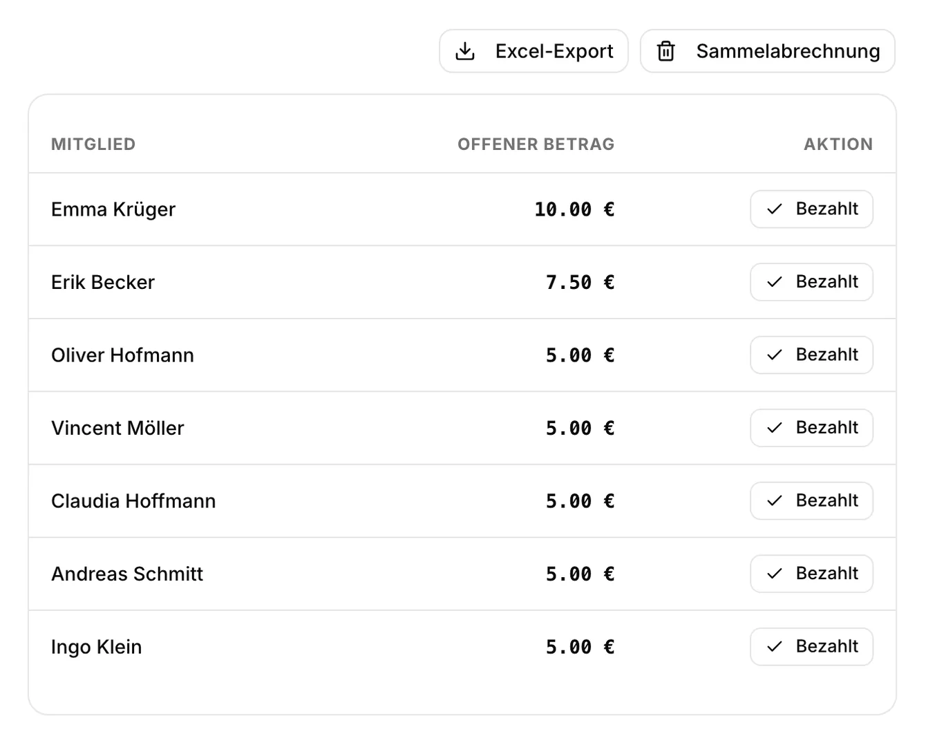 Übersicht der offenen Gebühren je Mitglied mit den Aktionen Excel-Export und Sammelabrechnung.