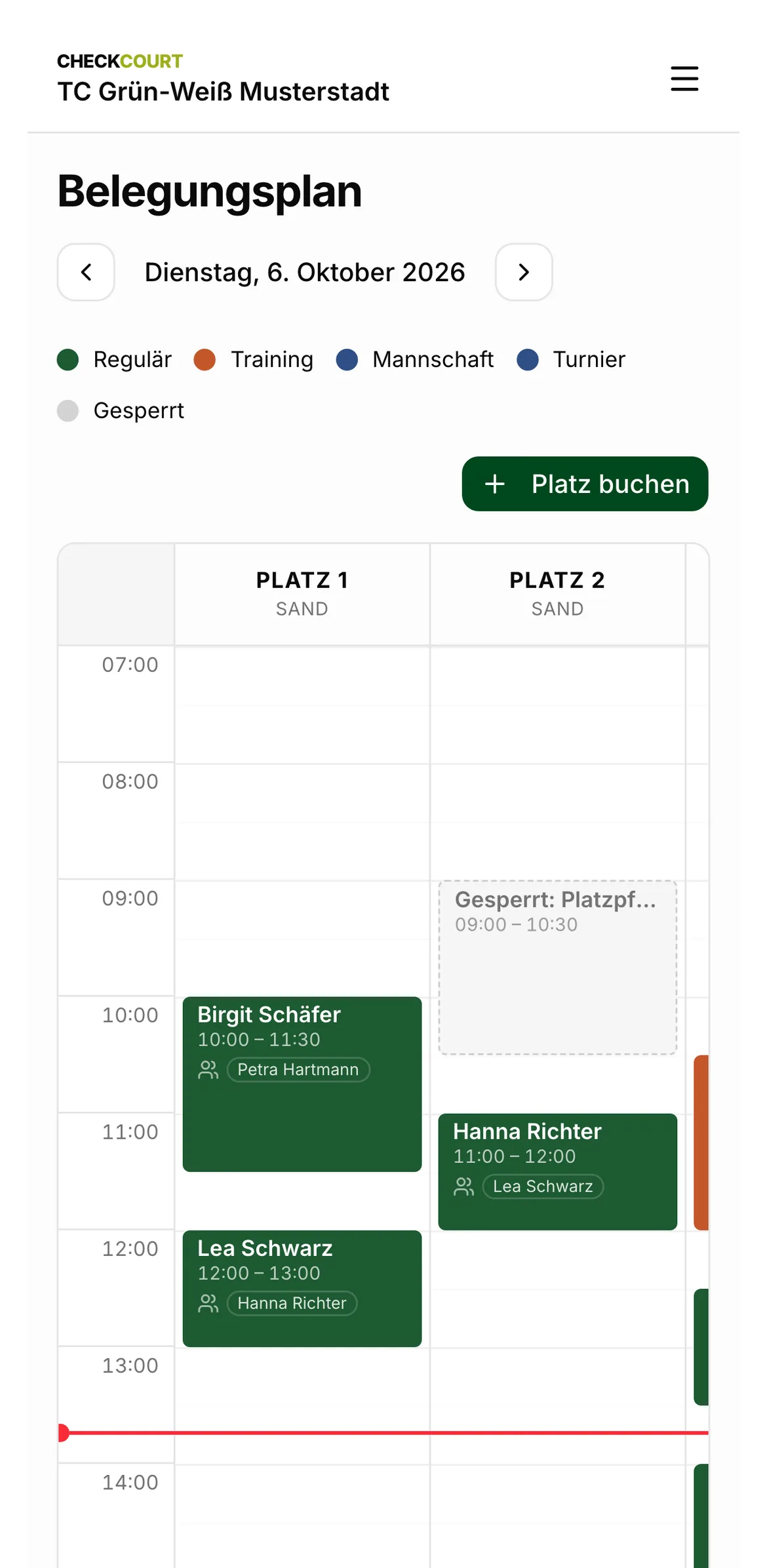 Belegungsplan am Handy für Dienstag, 6. Oktober, mit der Linie der aktuellen Uhrzeit.