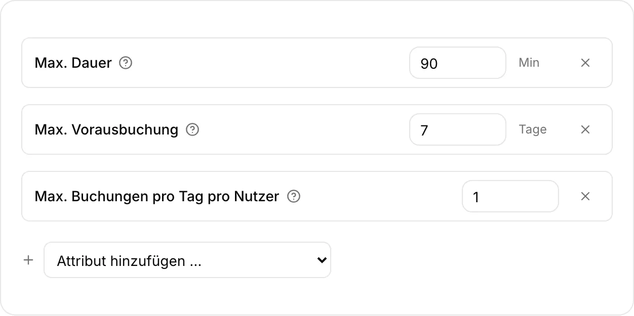 Aktionen einer Buchungsrichtlinie: höchstens 90 Minuten, bis zu 7 Tage im Voraus und eine Buchung pro Tag.