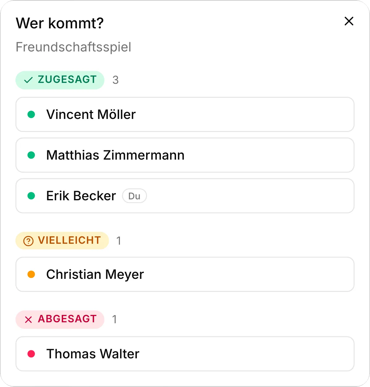 Wer kommt? für ein Freundschaftsspiel der Herren 30: zugesagt haben Vincent Möller, Matthias Zimmermann und Erik Becker, vielleicht Christian Meyer, abgesagt Thomas Walter.